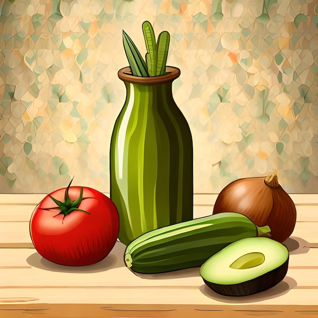 Una pintura de una botella verde de tomate, pepino y pepino.