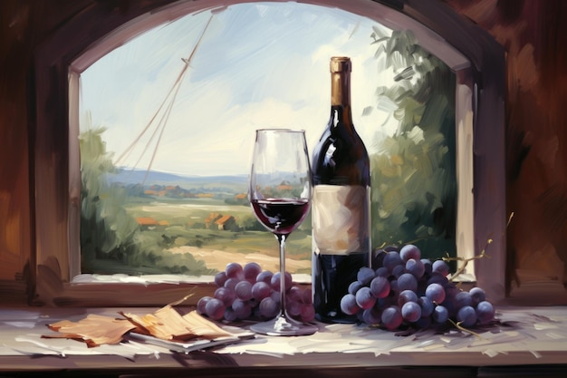 Una pintura de una botella de vino y una copa de vino ai.
