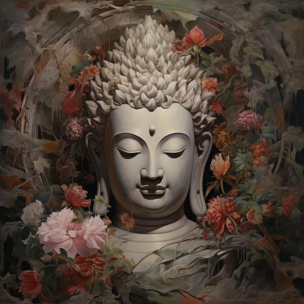 una pintura de un Buda con flores y hojas en el fondo.