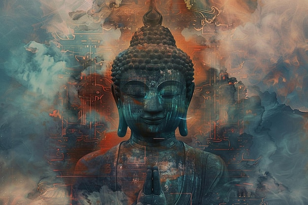 una pintura de un Buda con muchas palabras en ella