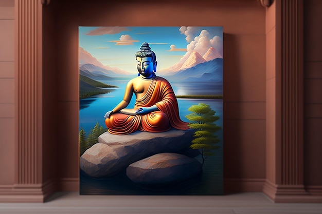 Foto una pintura de un buda en una roca con montañas al fondo.