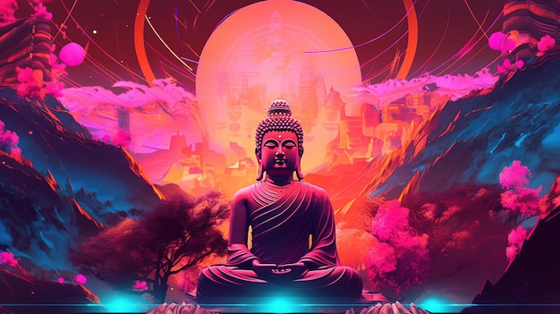 Una pintura de un buda con el sol detrás