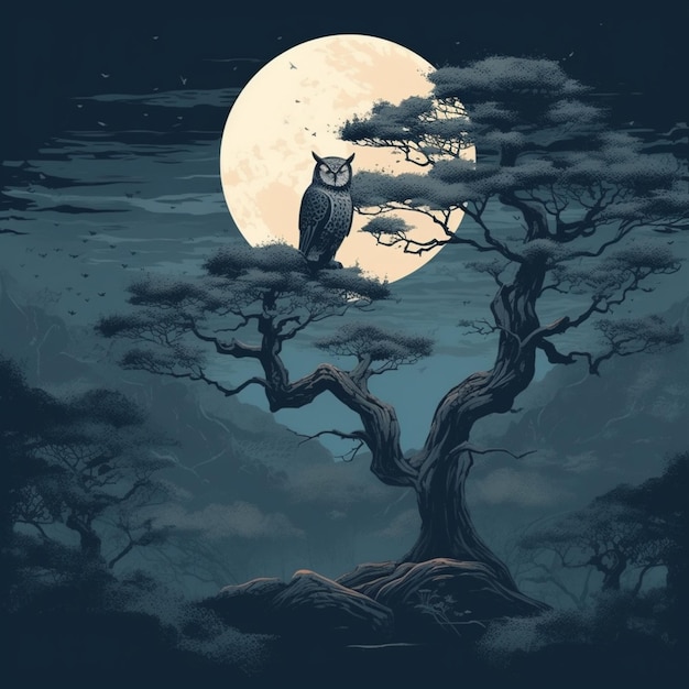 Una pintura de un búho sentado en un árbol con la luna al fondo.