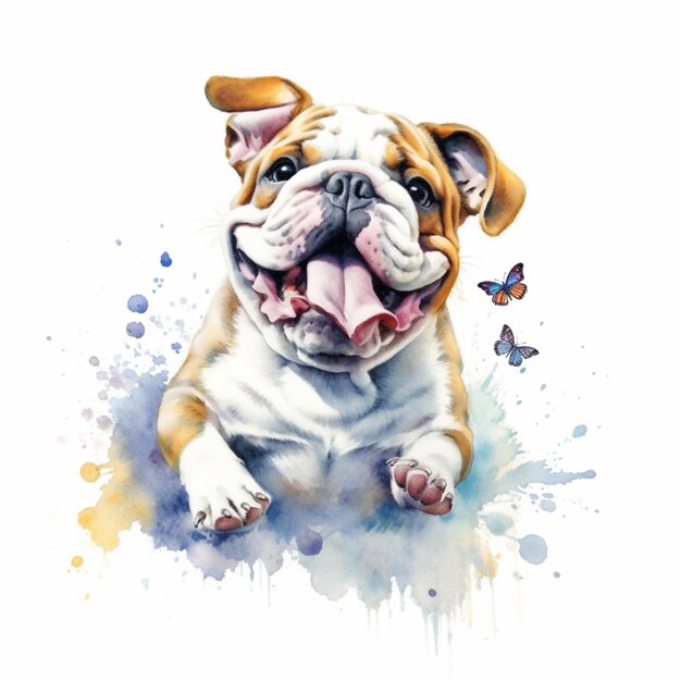 Pintura de un bulldog acostado con una mariposa en el fondo ai generativo