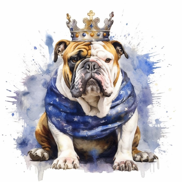 Pintura de un bulldog con corona y bufanda azul ai generativo