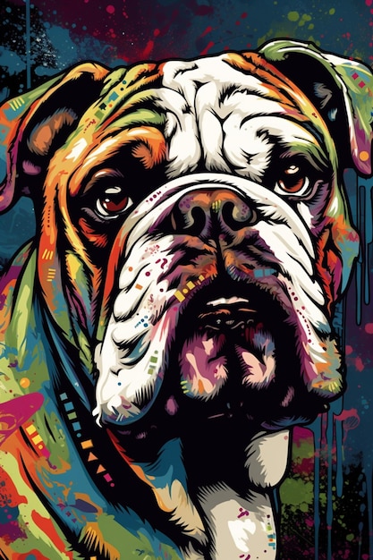 Una pintura de un bulldog que está en una pared.