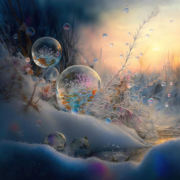 Una pintura de burbujas con la palabra nieve.