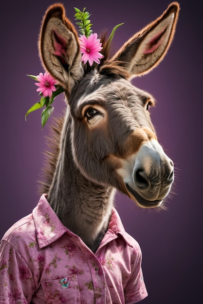 Pintura de un burro con una flor en el pelo y con una camisa rosa