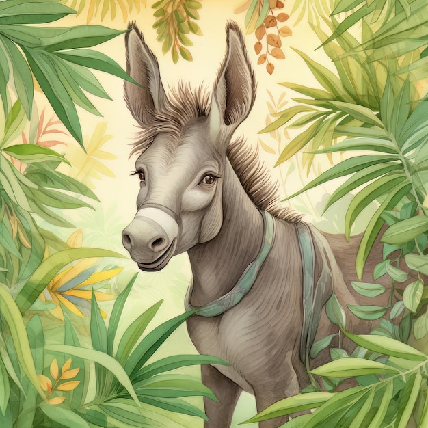 Una pintura de un burro en la selva