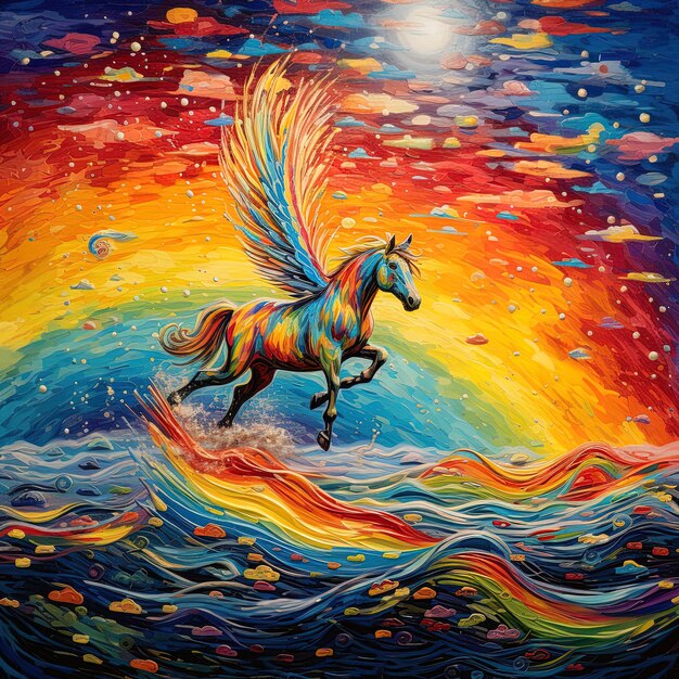 una pintura de un caballo con un arco iris en él