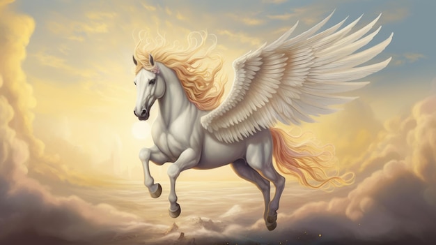 pintura de un caballo blanco con alas volando en el cielo ai generativo