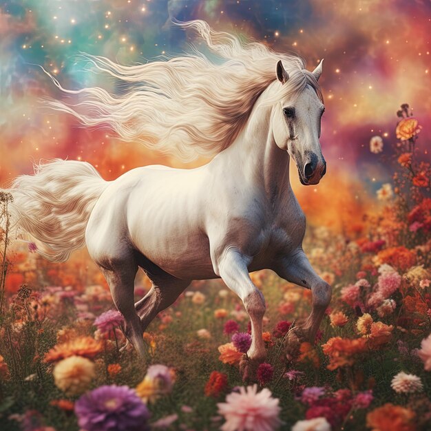 una pintura de un caballo blanco con un arco iris de flores en el fondo