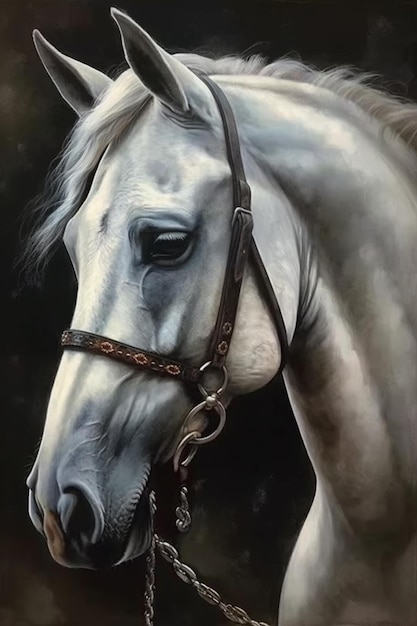 pintura de un caballo blanco con brida y un poco de IA generativa