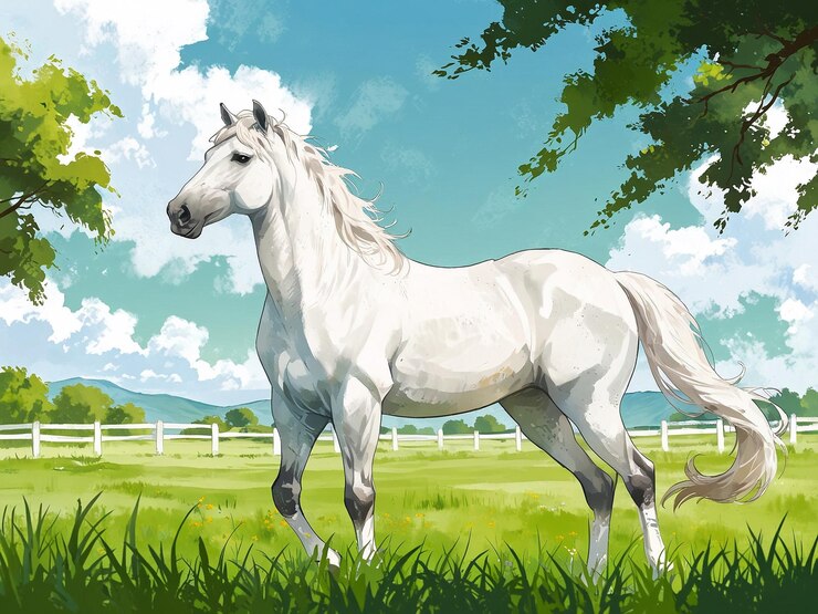 una pintura de un caballo blanco en un campo en el pasto verde soleado