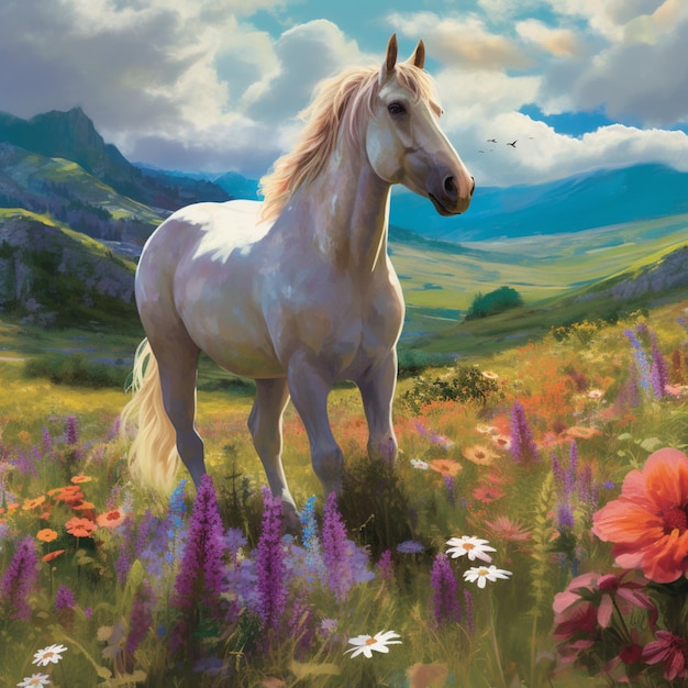 Una pintura de un caballo en un campo de flores con montañas al fondo.