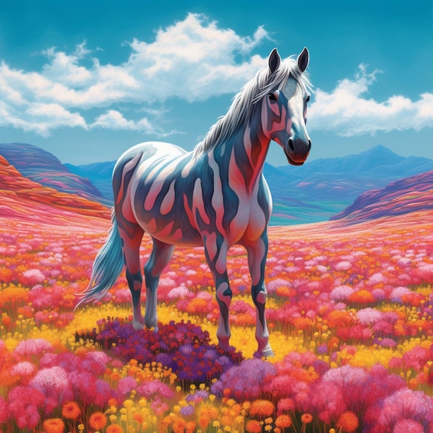 Una pintura de un caballo en un campo de flores con las palabras "caballo" en él.