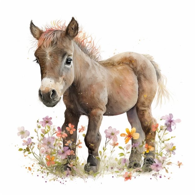 Una pintura de un caballo en un campo de flores.