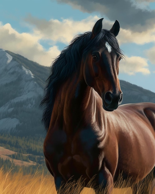 Pintura de un caballo en un campo con montañas en el fondo AI Generative