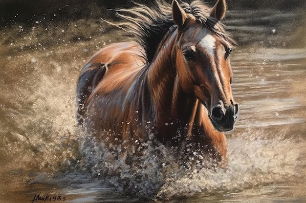 Una pintura de un caballo corriendo por el agua.