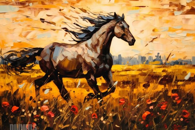 Pintura de un caballo corriendo en un campo de amapolas generativo ai