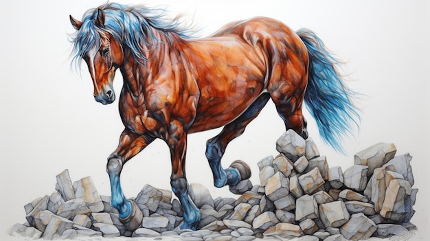 Pintura de un caballo corriendo sobre un montón de rocas ai generativo