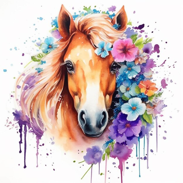 pintura de un caballo con flores y la pintura gotea sobre él generativo ai