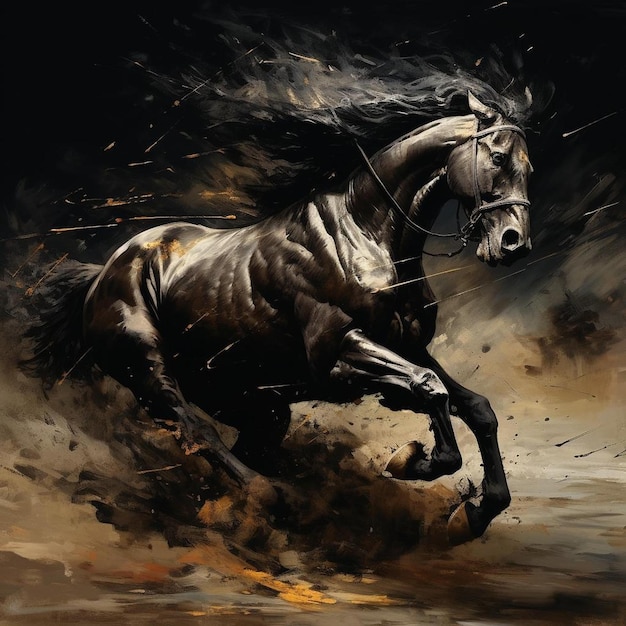 una pintura de un caballo con un fondo negro