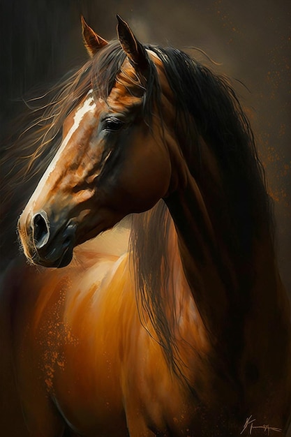 Una pintura de un caballo con una hermosa melena.