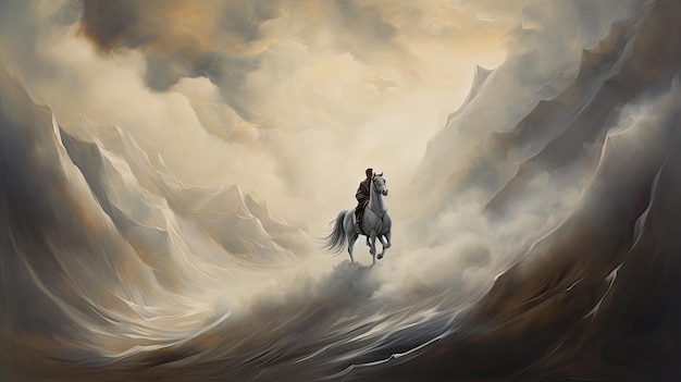 una pintura de un caballo y un hombre en un caballo en una tormenta.