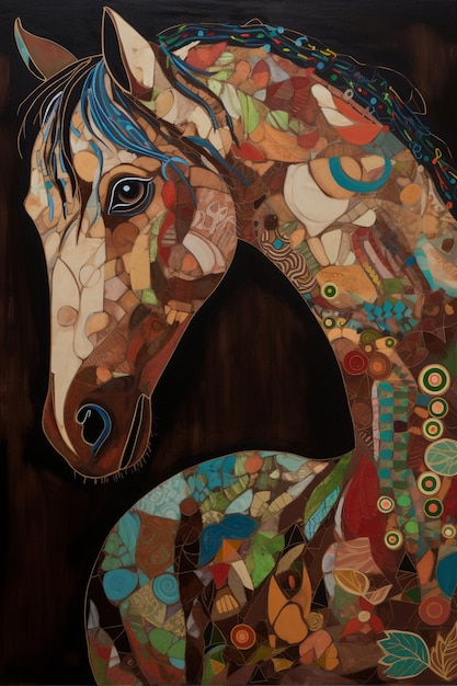 Una pintura de un caballo con una melena azul y una cola azul.