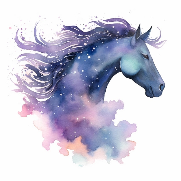 Pintura de un caballo con melena morada y melena azul generativa ai