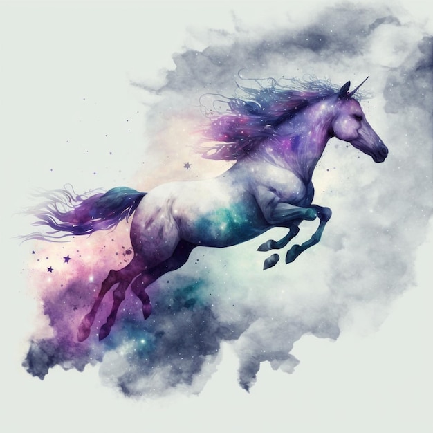 Pintura de un caballo con una melena púrpura y una cola azul generativa ai