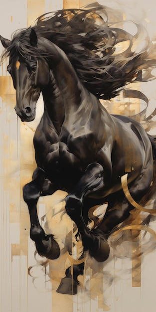 Una pintura de un caballo negro con una melena larga.