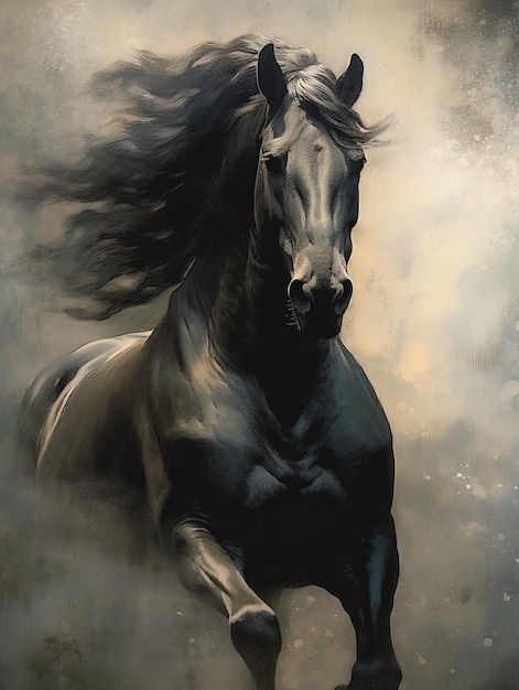 Foto una pintura de un caballo negro con una melena negra.