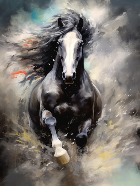 una pintura de un caballo negro con una raya blanca en la cara