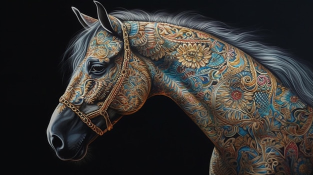 Una pintura de un caballo con un patrón floral en la cabeza.