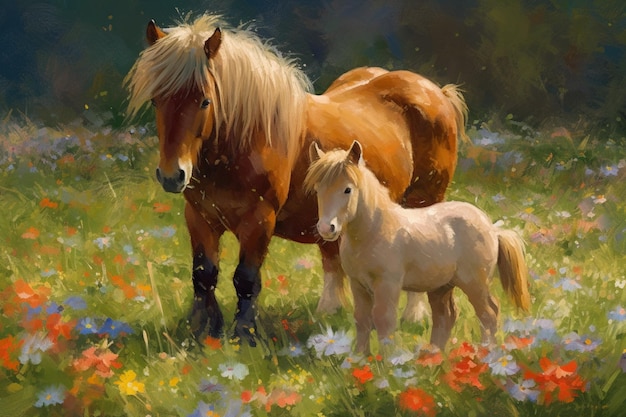 Una pintura de un caballo y un poni en un campo de flores.