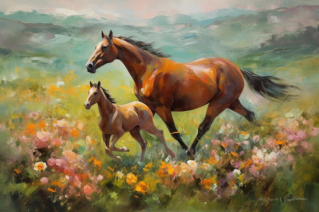 Una pintura de un caballo y un potro