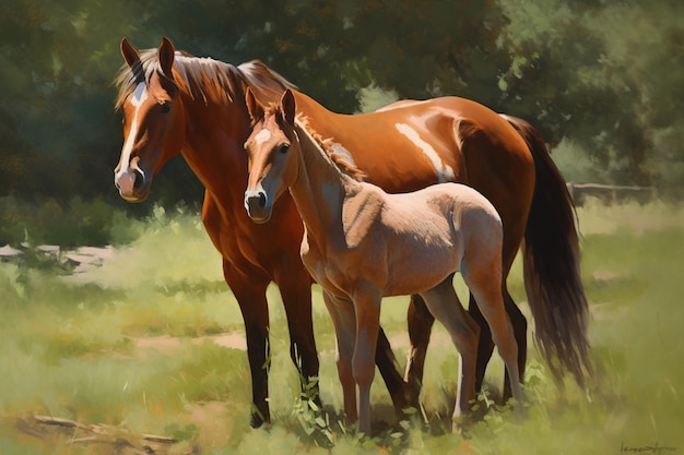 Una pintura de un caballo y un potro