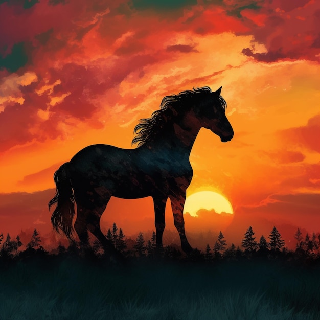 Una pintura de un caballo con la puesta de sol detrás de él.