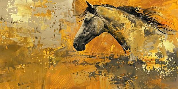 una pintura de un caballo sobre un fondo dorado