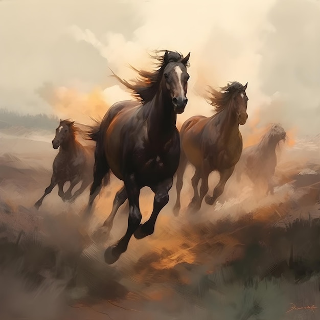 Una pintura de caballos corriendo en un campo con la palabra caballos en ella.