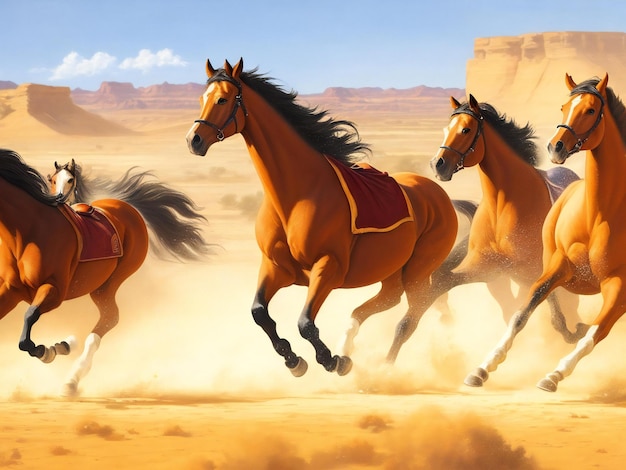 Foto una pintura de caballos corriendo en el desierto ai generado