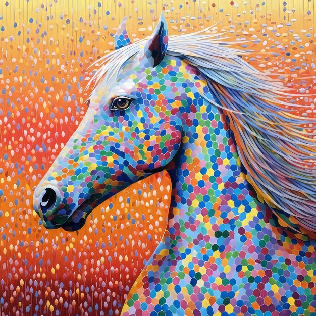 Foto pintura de caballos de pointillismo colorido con teselaciones ilusorias