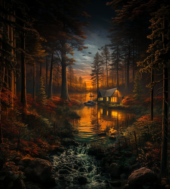 pintura de una cabaña en el bosque con un arroyo que corre a través de ella generativo ai