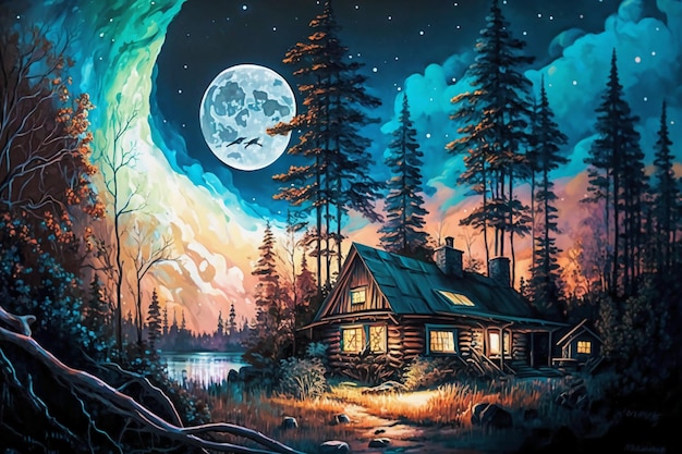 Una pintura de una cabaña en el bosque con una luna llena de fondo.