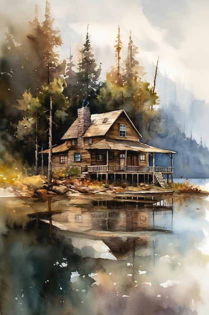 Una pintura de una cabaña junto al agua.