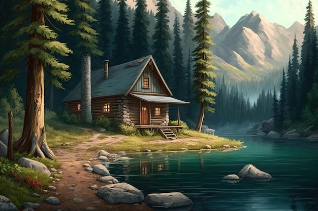 Una pintura de una cabaña junto al lago.