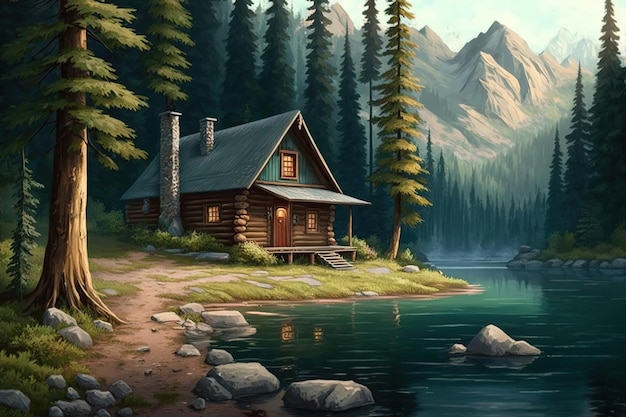 Una pintura de una cabaña junto al lago.