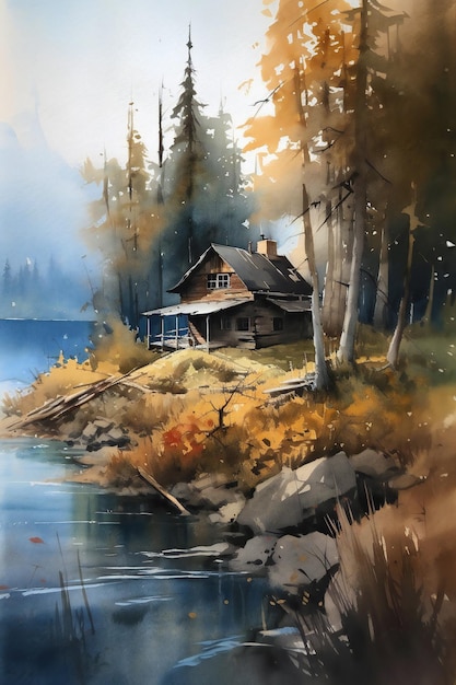 Una pintura de una cabaña junto al lago.